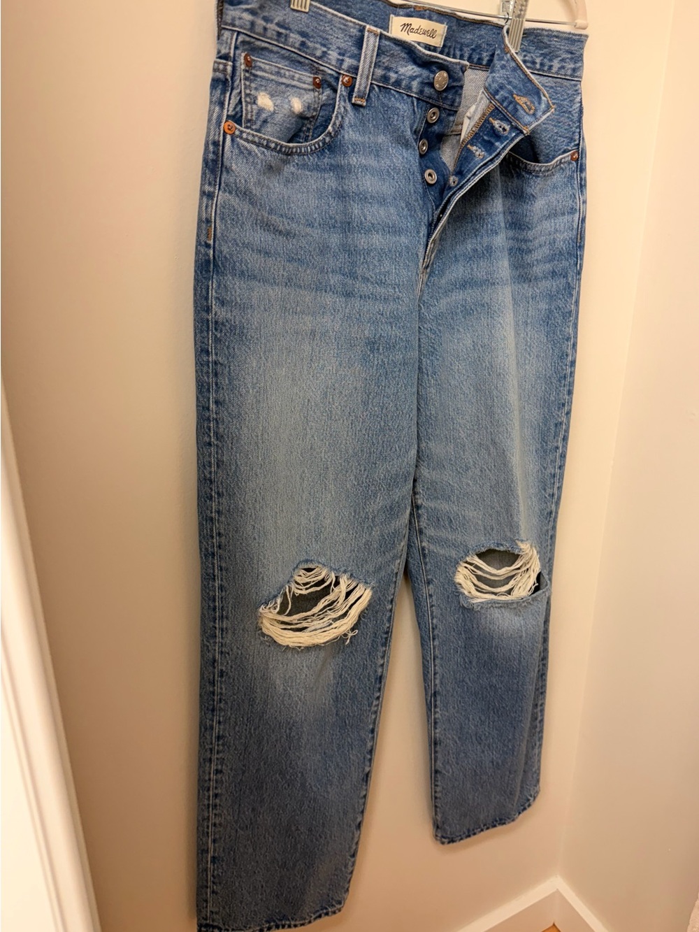 Madewell Low Rise Straight Jeans Women's Blue Denim Distressed Button Fly 27